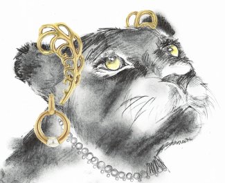a drawing of a black panter with earrings